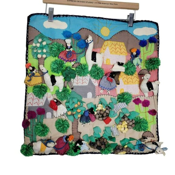 Handstitched‎ Llama Tapestry Folksy Sewn Artwork Wall Hanging Travel Vintage - Picture 3 of 9